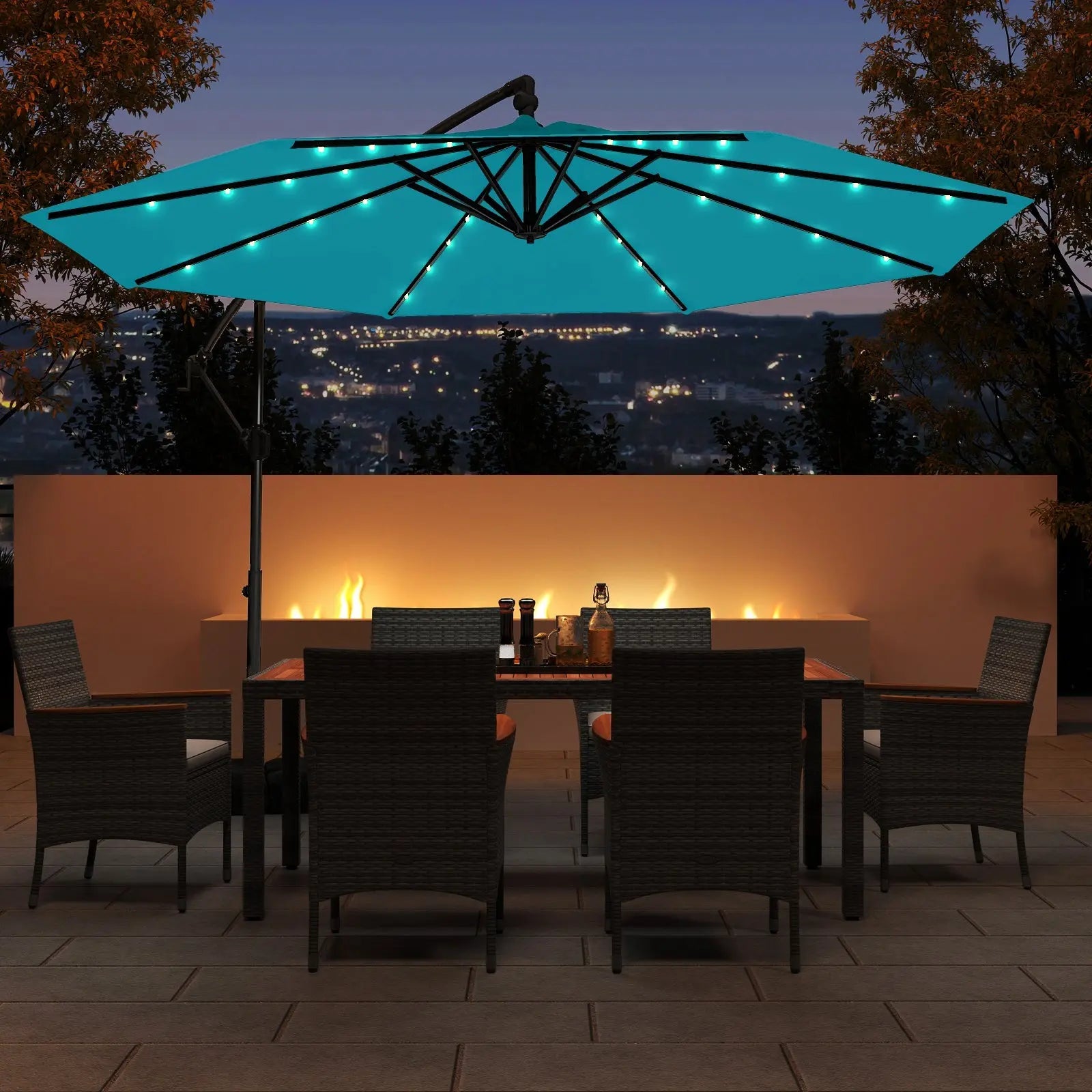 10 Feet Solar Offset Hanging Umbrella with Base and 32 LED – Sunneday LLC