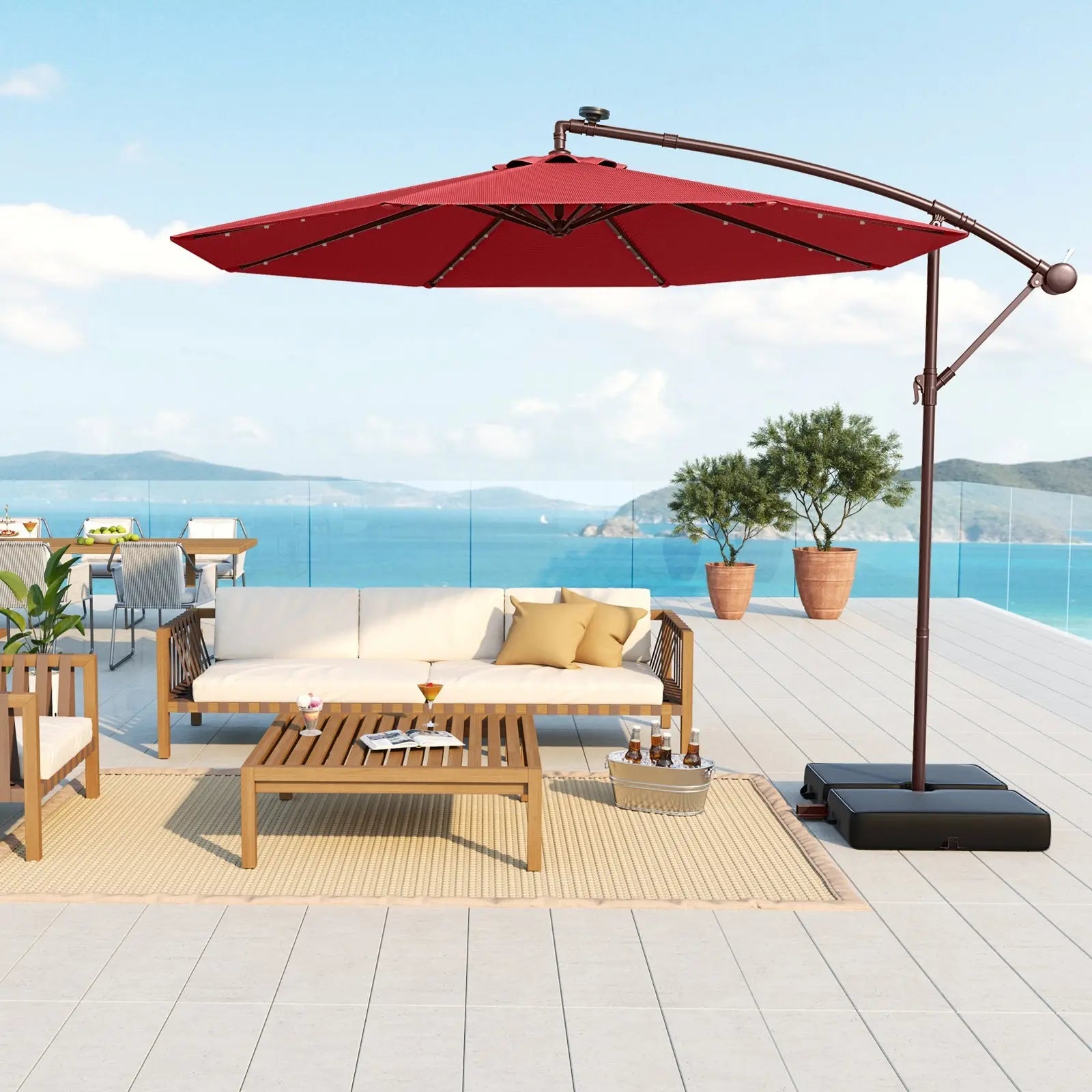 heavy duty offset patio umbrellas Mojia Cantilever Umbrella with Cross Base and Cover Included it has strong wind resistance and can withstand daily outdoor wind Pellebant 10 ft. x 13.5