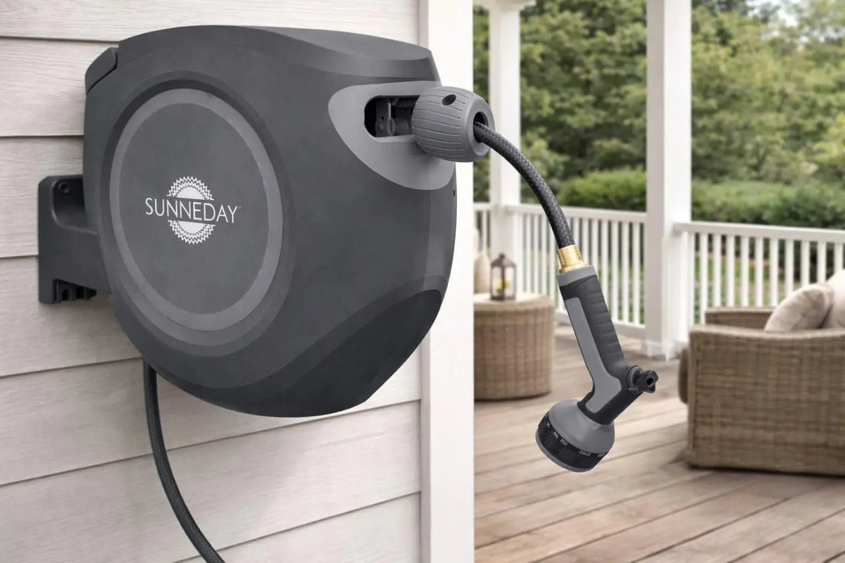 Sunneday SW-30B 100ft Retractable Hose Reel 5/8 | Automatic Retractable w/Wall Mount | Easy to Assemble Reel w/Flexible Swivel Mount Sunneday