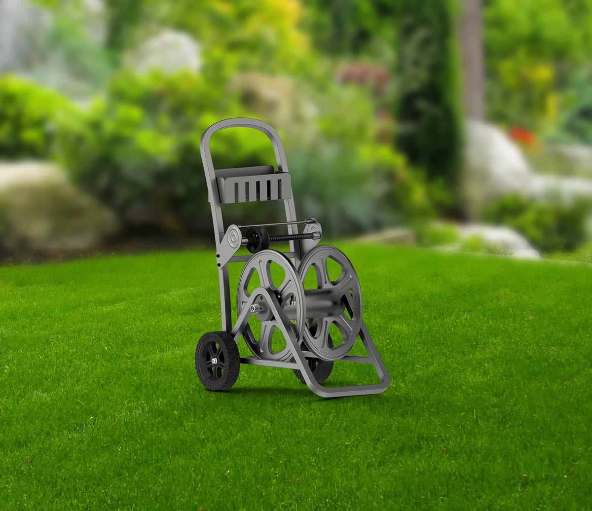 Sunneday Gemini MHC-125 Garden Hose Reel Cart –Heavy-Duty Steel Frame with 125 ft Hose Capacity, Rust-Resistant Powder Coated Finish, 5 ft Lead Hose Included - Lawn & Garden Care (Satin Grey) Sunneday
