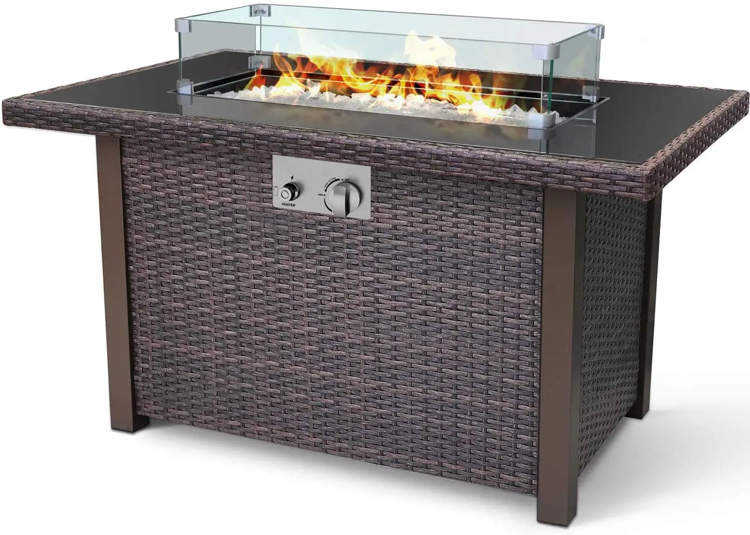 Sunneday 44" Wicker-Woven Propane Fire Pit Table | 50,000 BTU | CSA Approved | Rectangular Patio Fire Table - Sunneday LLC