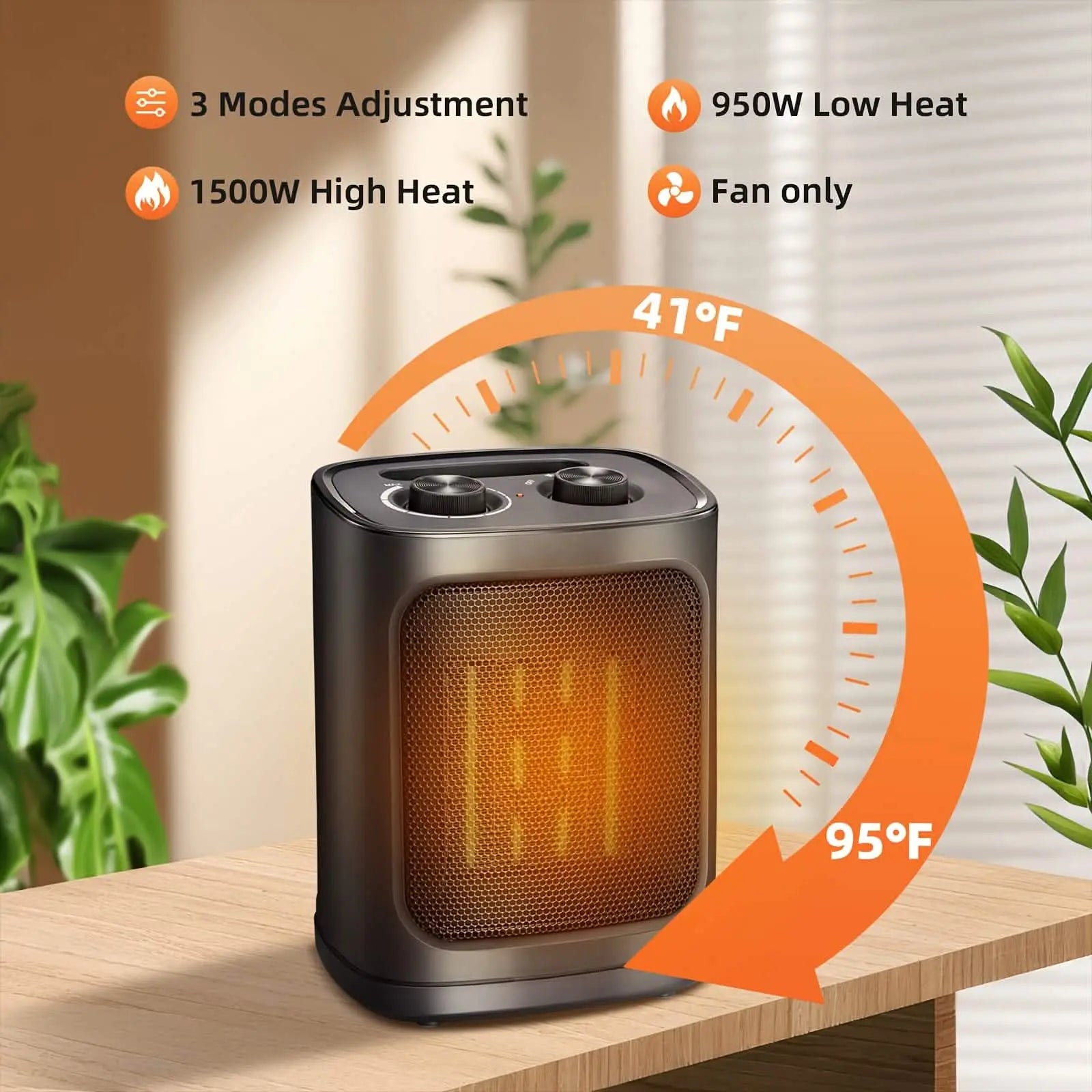 1500W Portable Ceramic Space Heater with Thermostat & Safety Protection with Carry Handle DailySale