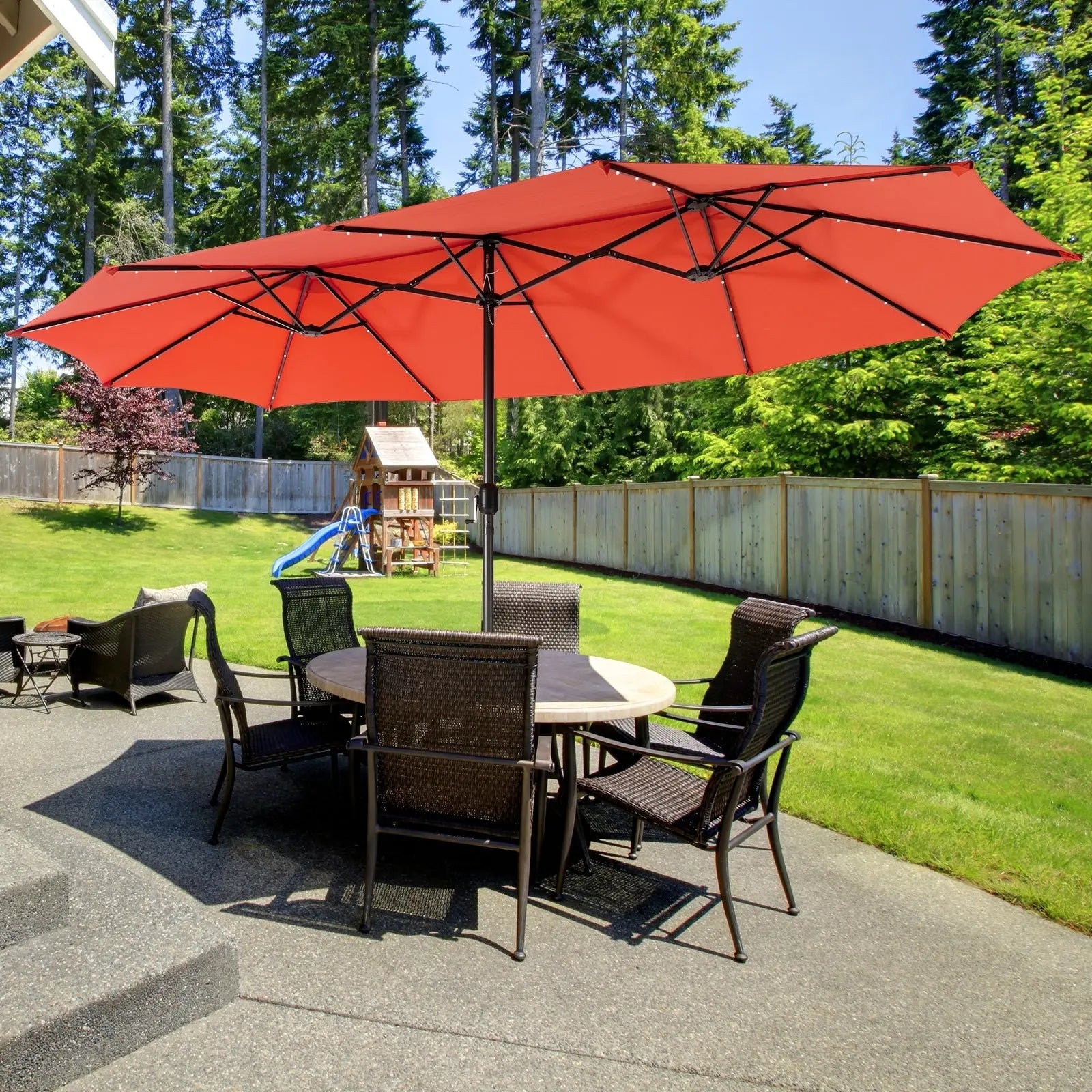 15 Feet Twin Patio Umbrella with 48 Solar LED Lights-Orange DirectDeals