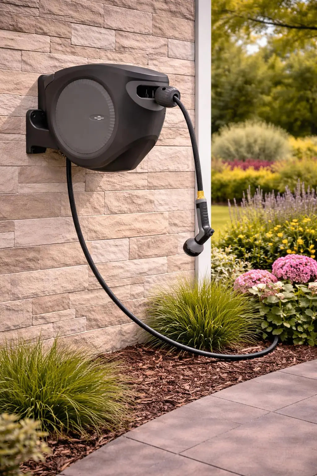 Sunneday Retractable Hose Reel | 75 ft 1/2" | Auto Rewind | 180° Swivel Wall Mount | Multi-Pattern Nozzle | Black/Gray - Sunneday LLC