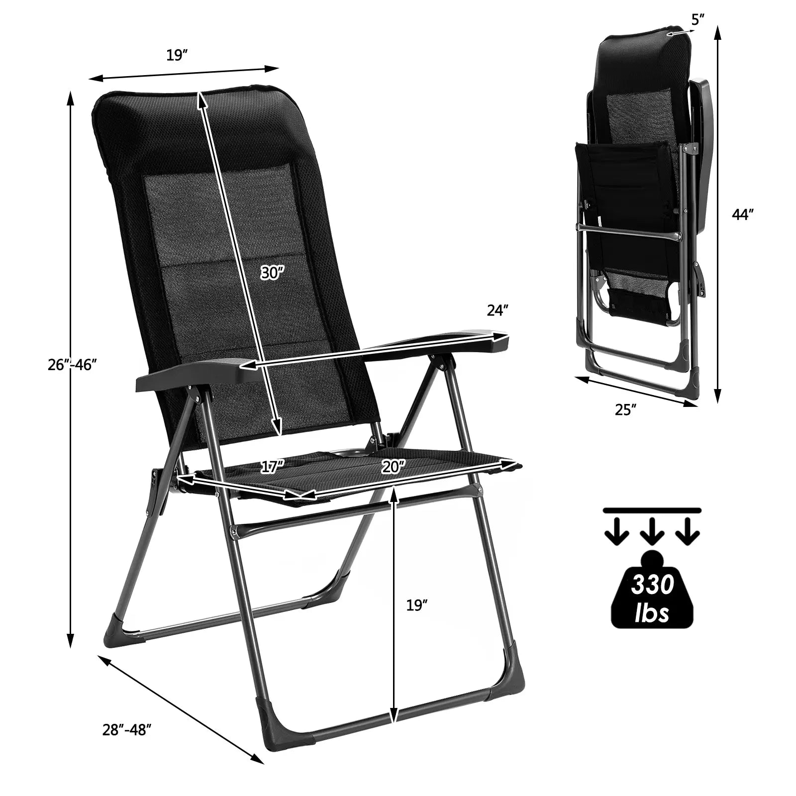 2 Pcs Portable Patio Folding Dining Chairs with Headrest Adjust for Camping -Black DirectDeals