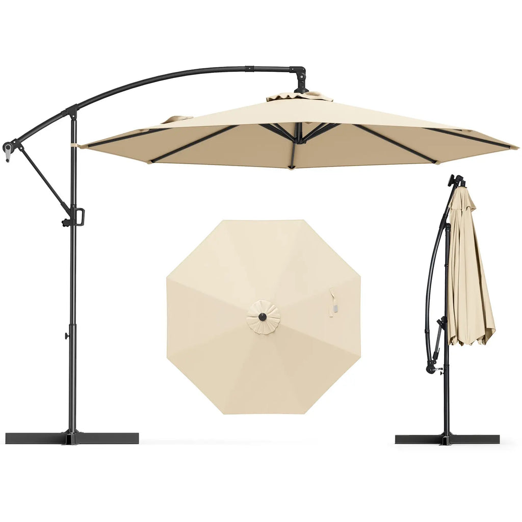10 Feet Offset Hanging Umbrella with Base and Infinite Tilt-Beige DirectDeals