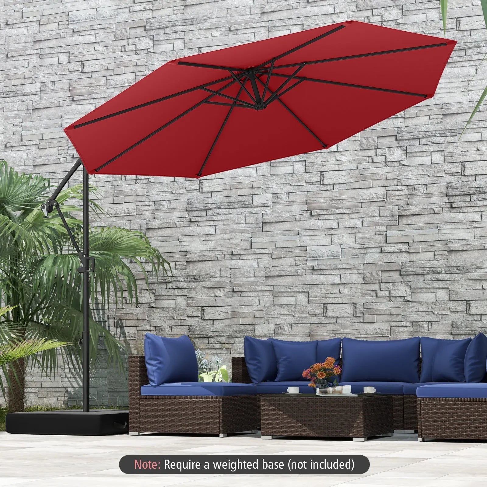 10 Feet Offset Hanging Umbrella with Base and Infinite Tilt-Wine DirectDeals