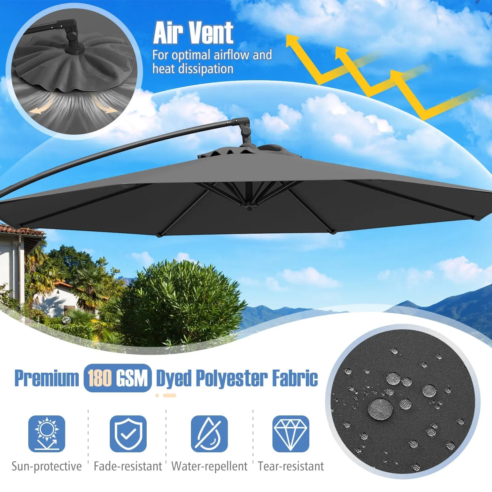 heated patio umbrella base Electric Heater Outdoor Heaters for Electric Only Waterproof Infrared for Patio, Commercial and Residential UPF50+ fabric blocks strong sun rays 10 Feet Offset Hanging Umbrella
