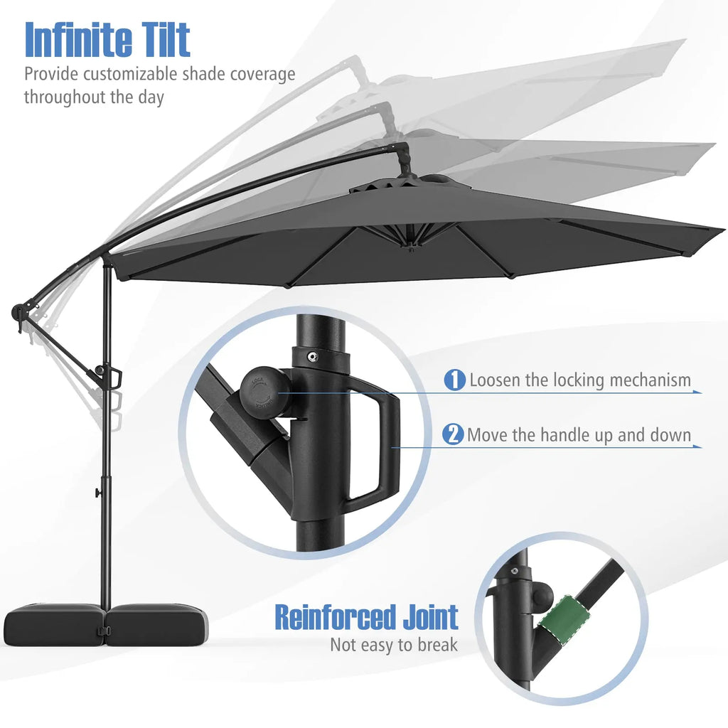 10 Feet Offset Hanging Umbrella with Base Patio Cantilever Umbrella with Tilt-Gray DirectDeals
