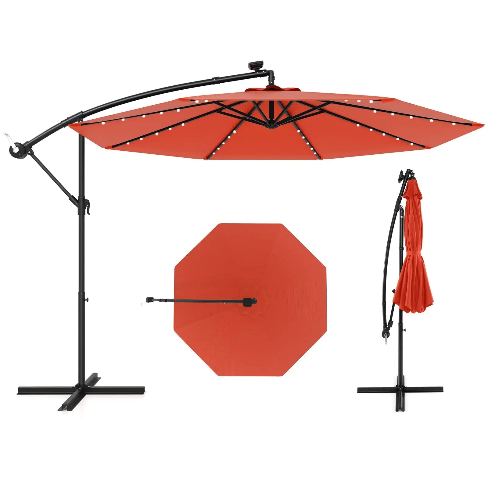 10 Feet Solar Offset Hanging Umbrella with 40 Lamp Beads and Solar Panel-Orange DirectDeals