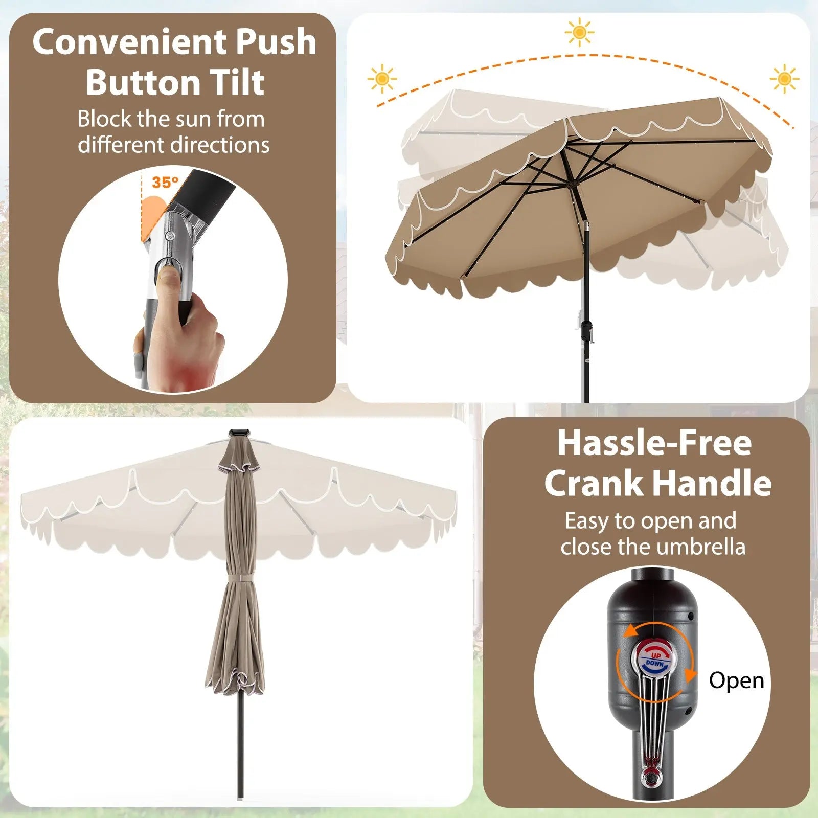10 Feet Solar Patio Umbrella with 24 LED Lights-Coffee DirectDeals