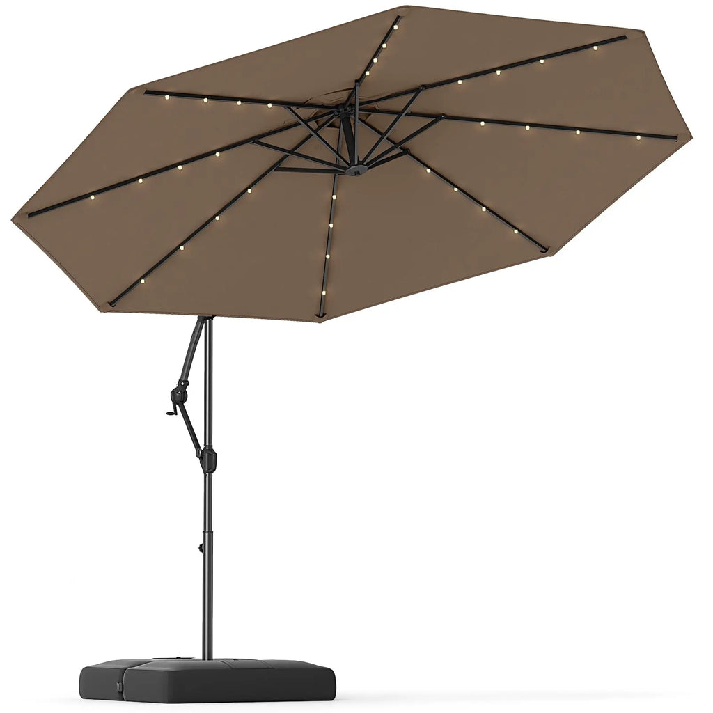 10 Feet Solar Offset Hanging Umbrella with Base and 32 LED Lights-Taupe DirectDeals