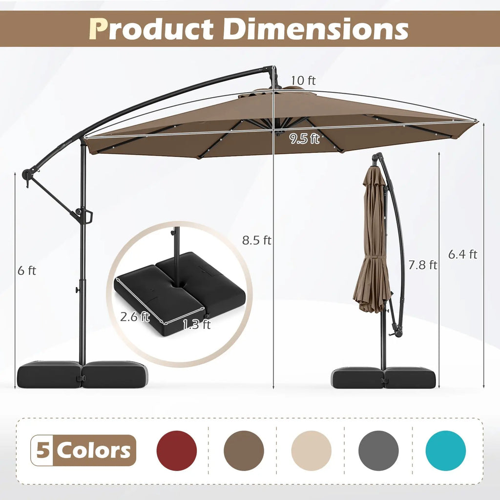 10 Feet Solar Offset Hanging Umbrella with Base and 32 LED Lights-Taupe DirectDeals