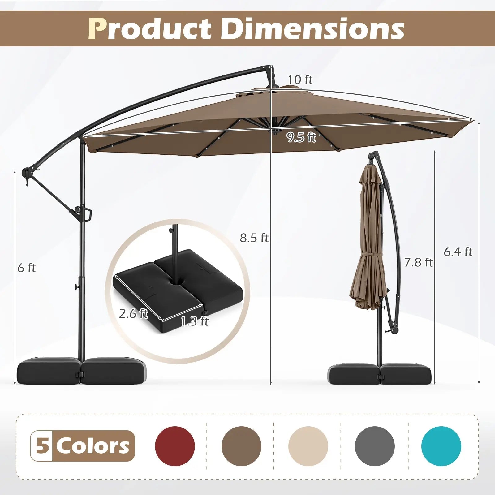 10 Feet Solar Offset Hanging Umbrella with Base and 32 LED Lights-Taupe DirectDeals
