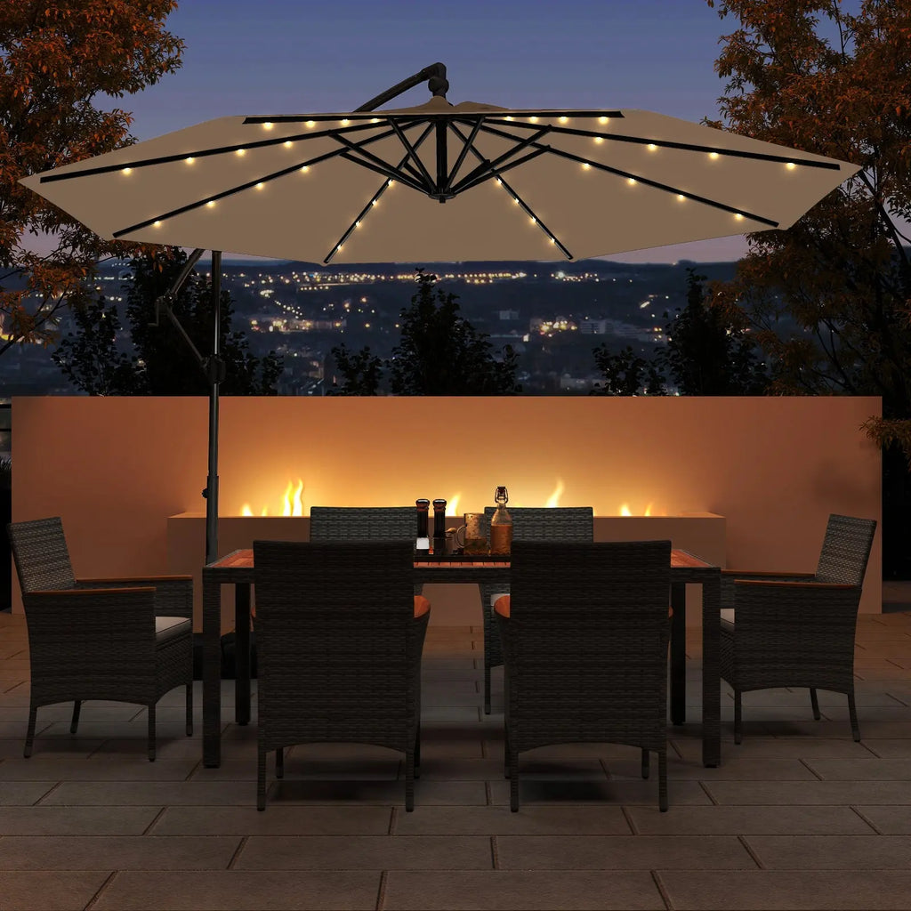 10 Feet Solar Offset Hanging Umbrella with Base and 32 LED Lights-Taupe DirectDeals