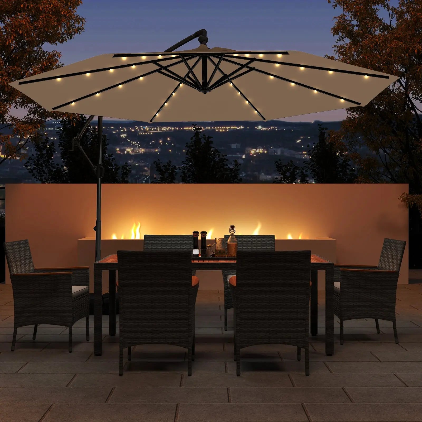 10 Feet Solar Offset Hanging Umbrella with Base and 32 LED Lights-Taupe DirectDeals