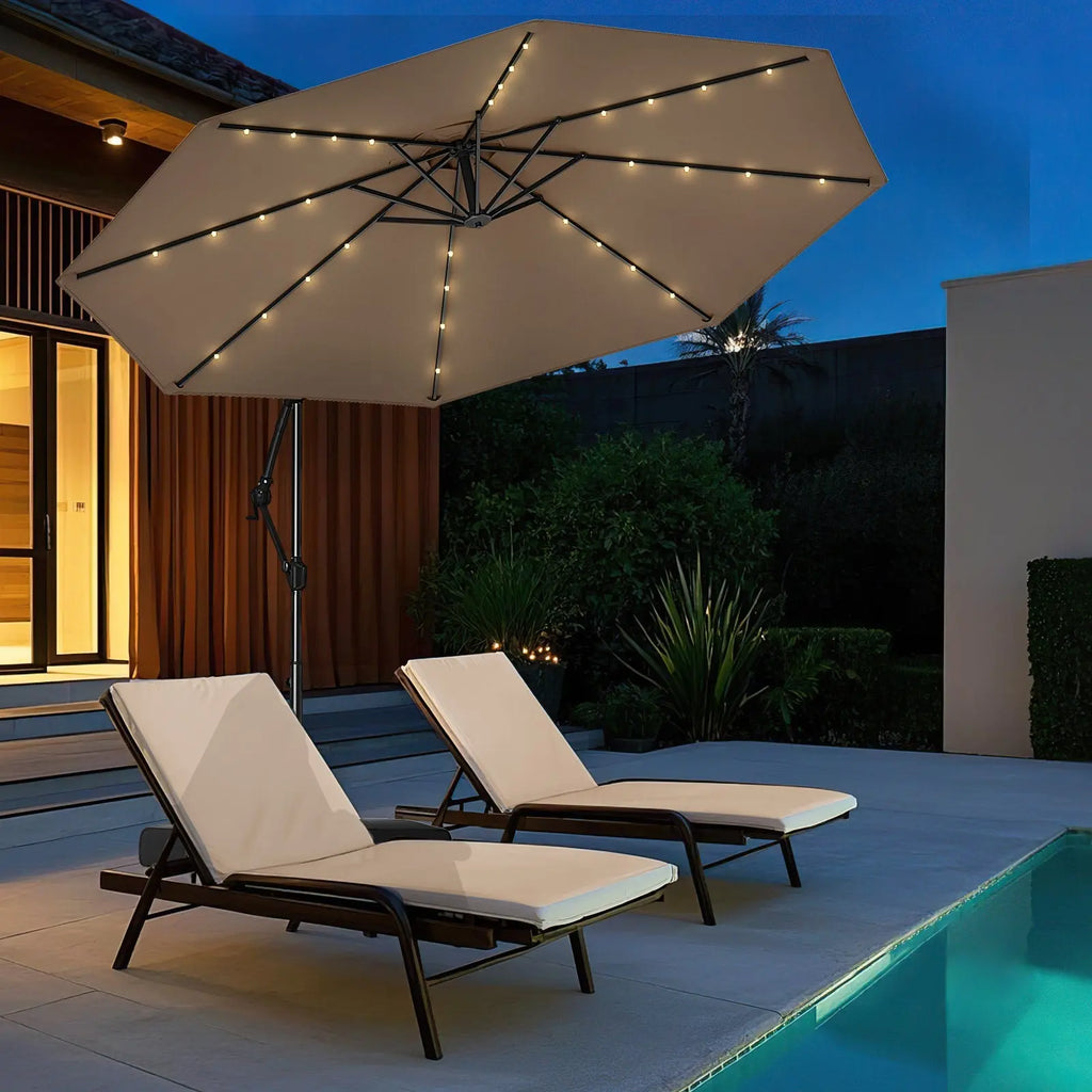 10 Feet Solar Offset Hanging Umbrella with Base and 32 LED Lights-Taupe DirectDeals
