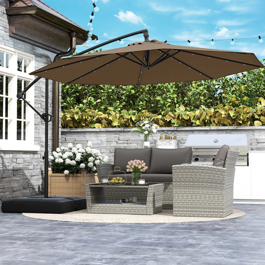 10 Feet Solar Offset Hanging Umbrella with Base and 32 LED Lights-Taupe DirectDeals