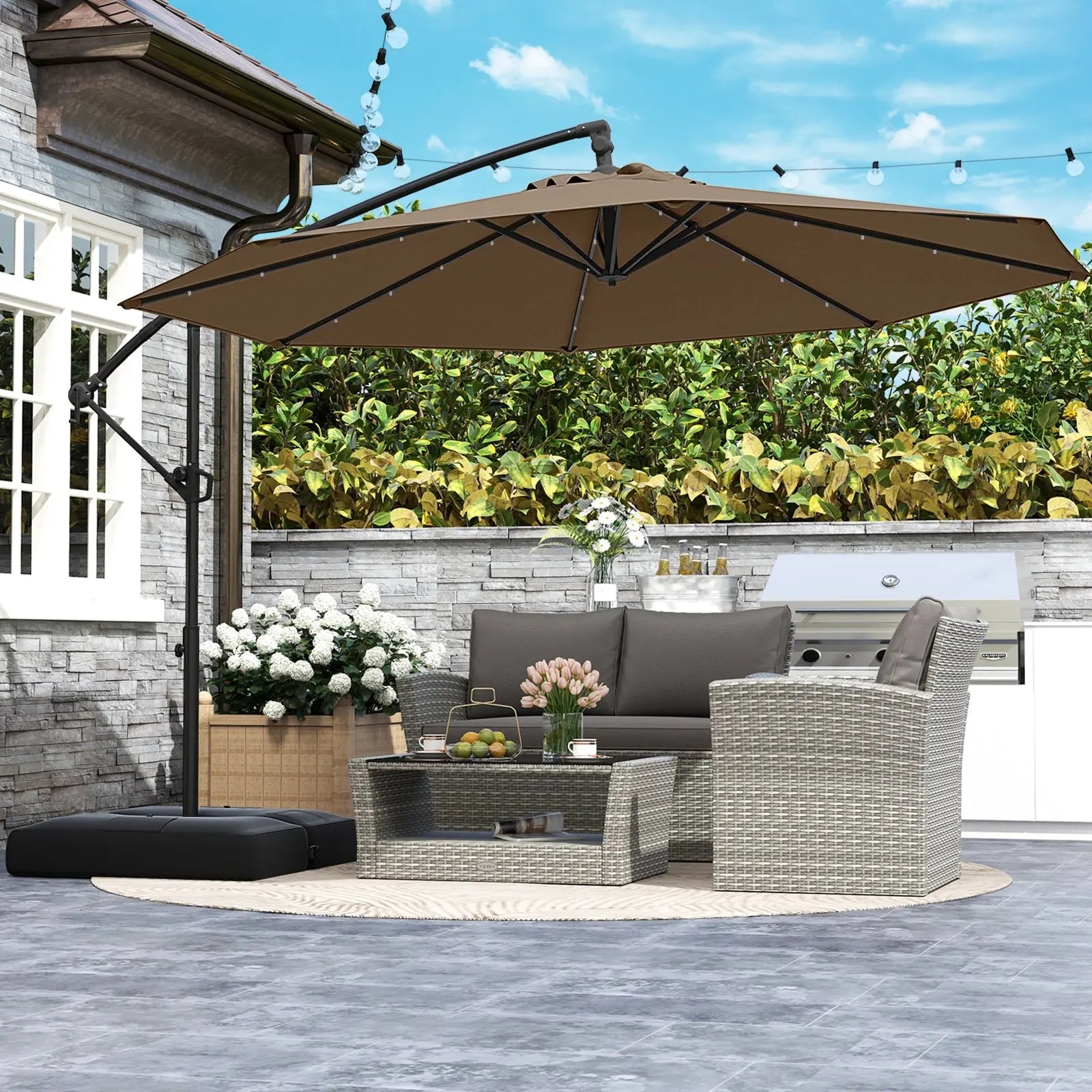 10 Feet Solar Offset Hanging Umbrella with Base and 32 LED Lights-Taupe DirectDeals