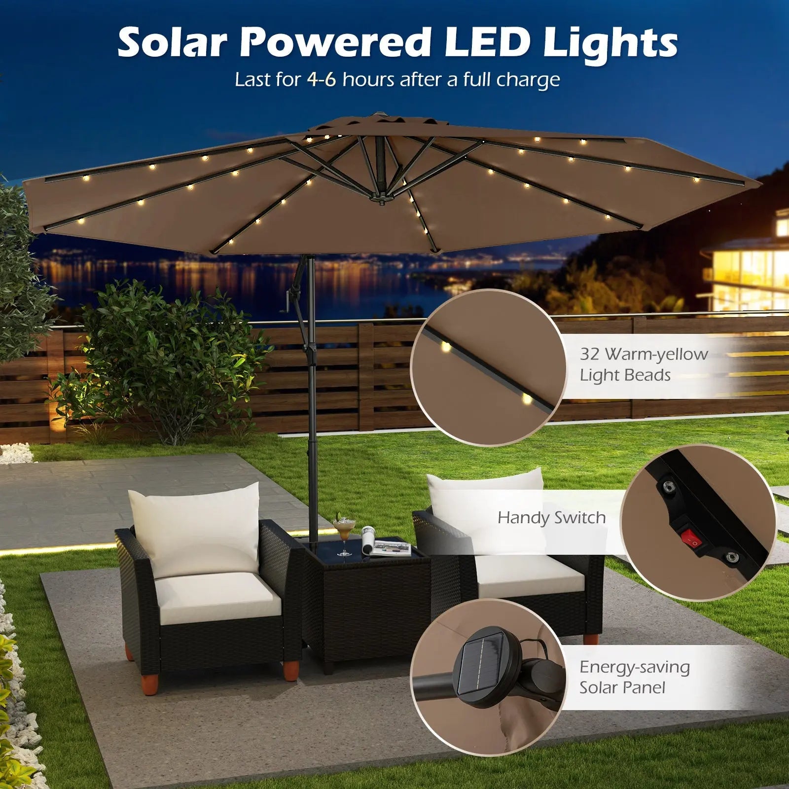 10 Feet Solar Offset Hanging Umbrella with Base and 32 LED Lights-Taupe DirectDeals
