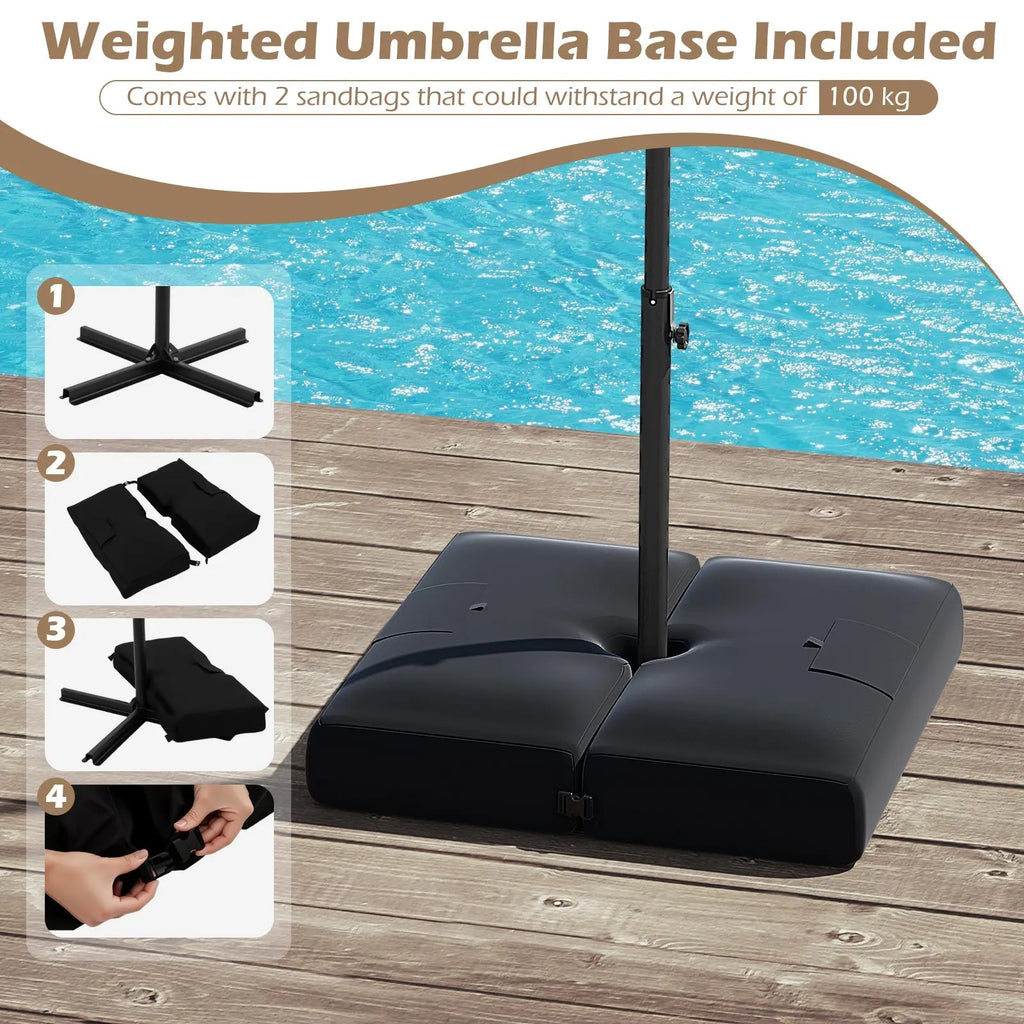 10 Feet Solar Offset Hanging Umbrella with Base and 32 LED Lights-Taupe DirectDeals