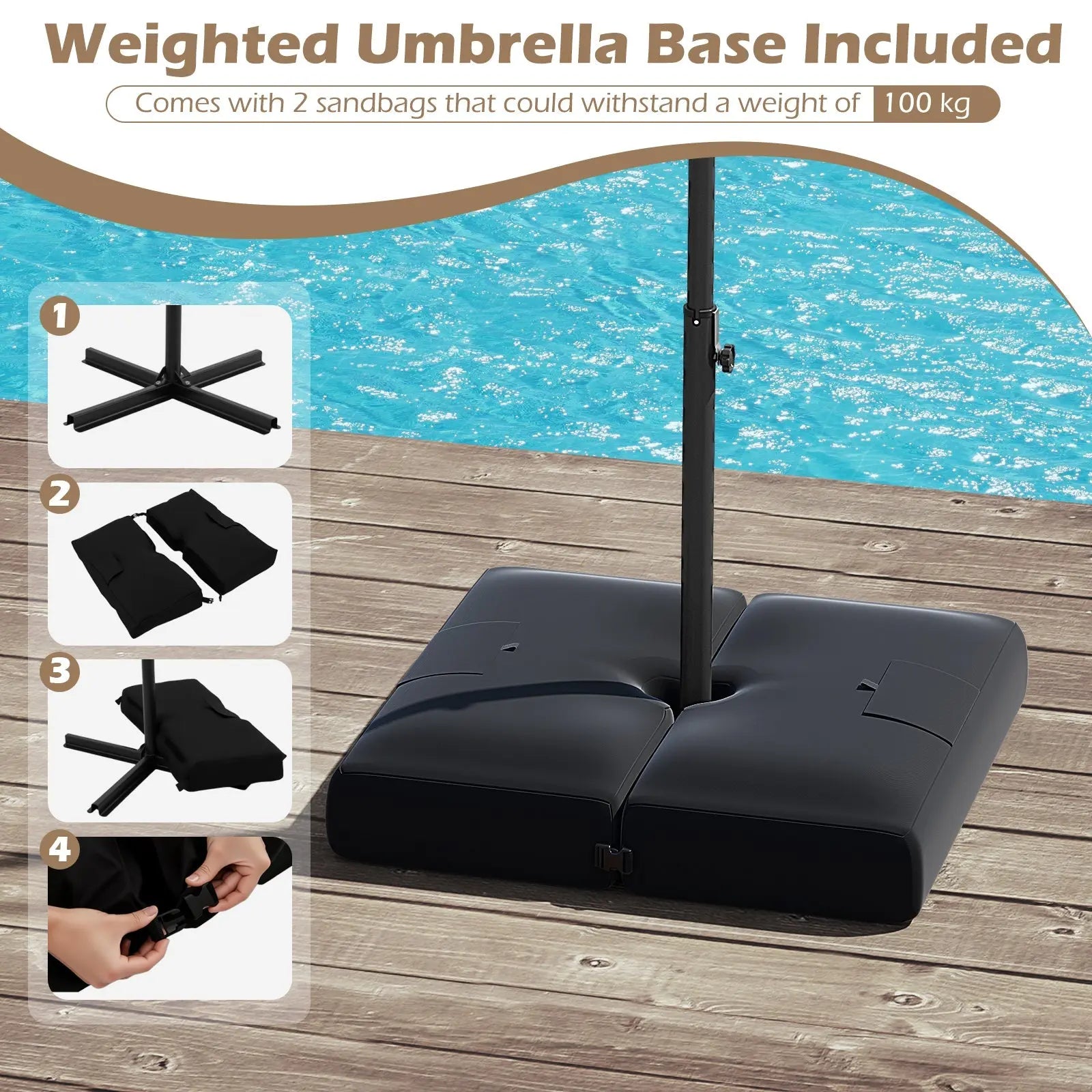 10 Feet Solar Offset Hanging Umbrella with Base and 32 LED Lights-Taupe DirectDeals