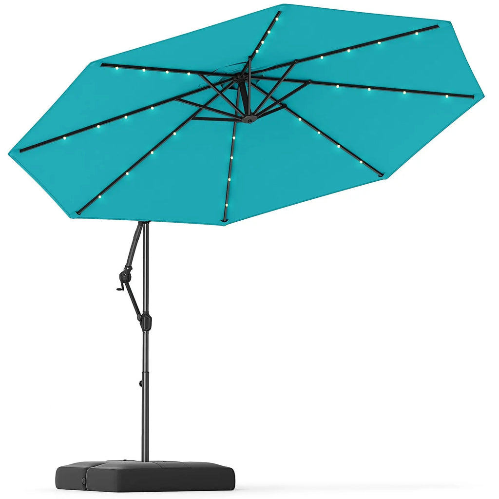 10 Feet Solar Offset Hanging Umbrella with Base and 32 LED Lights-Turquoise DirectDeals