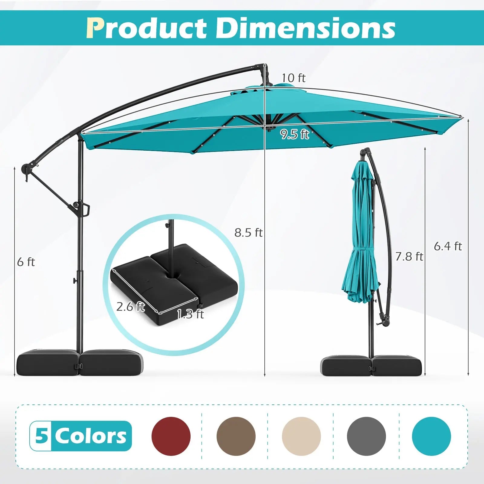 10 Feet Solar Offset Hanging Umbrella with Base and 32 LED Lights-Turquoise DirectDeals
