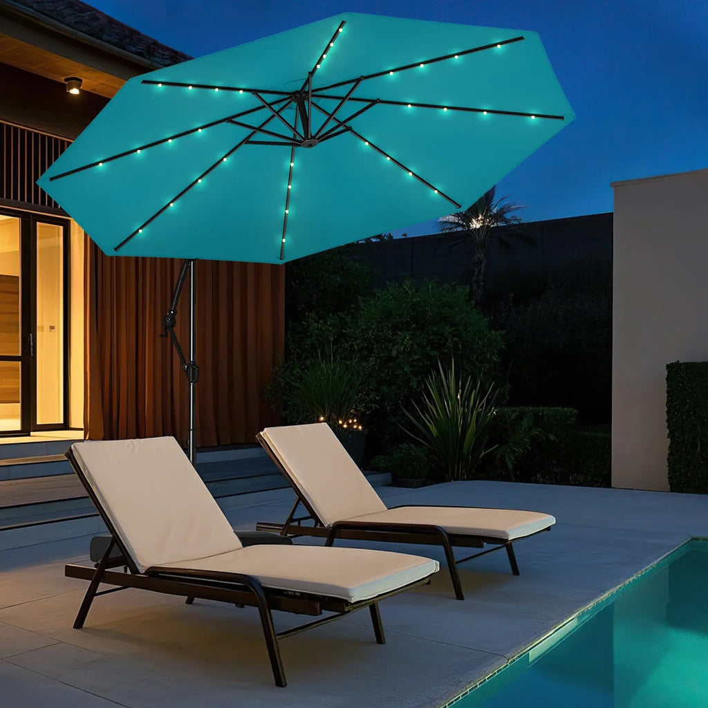 10 Feet Solar Offset Hanging Umbrella with Base and 32 LED Lights-Turquoise DirectDeals