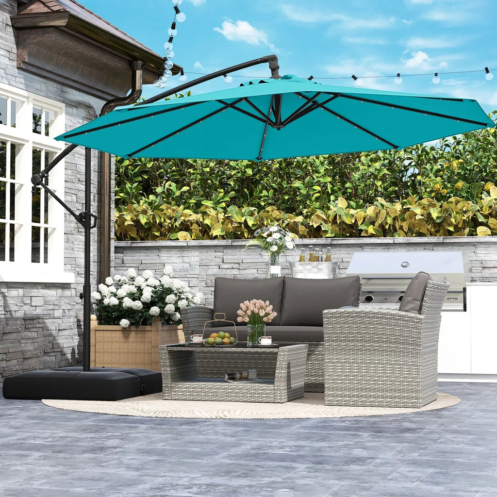10 Feet Solar Offset Hanging Umbrella with Base and 32 LED Lights-Turquoise DirectDeals