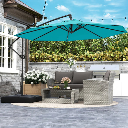 10 Feet Solar Offset Hanging Umbrella with Base and 32 LED Lights-Turquoise DirectDeals