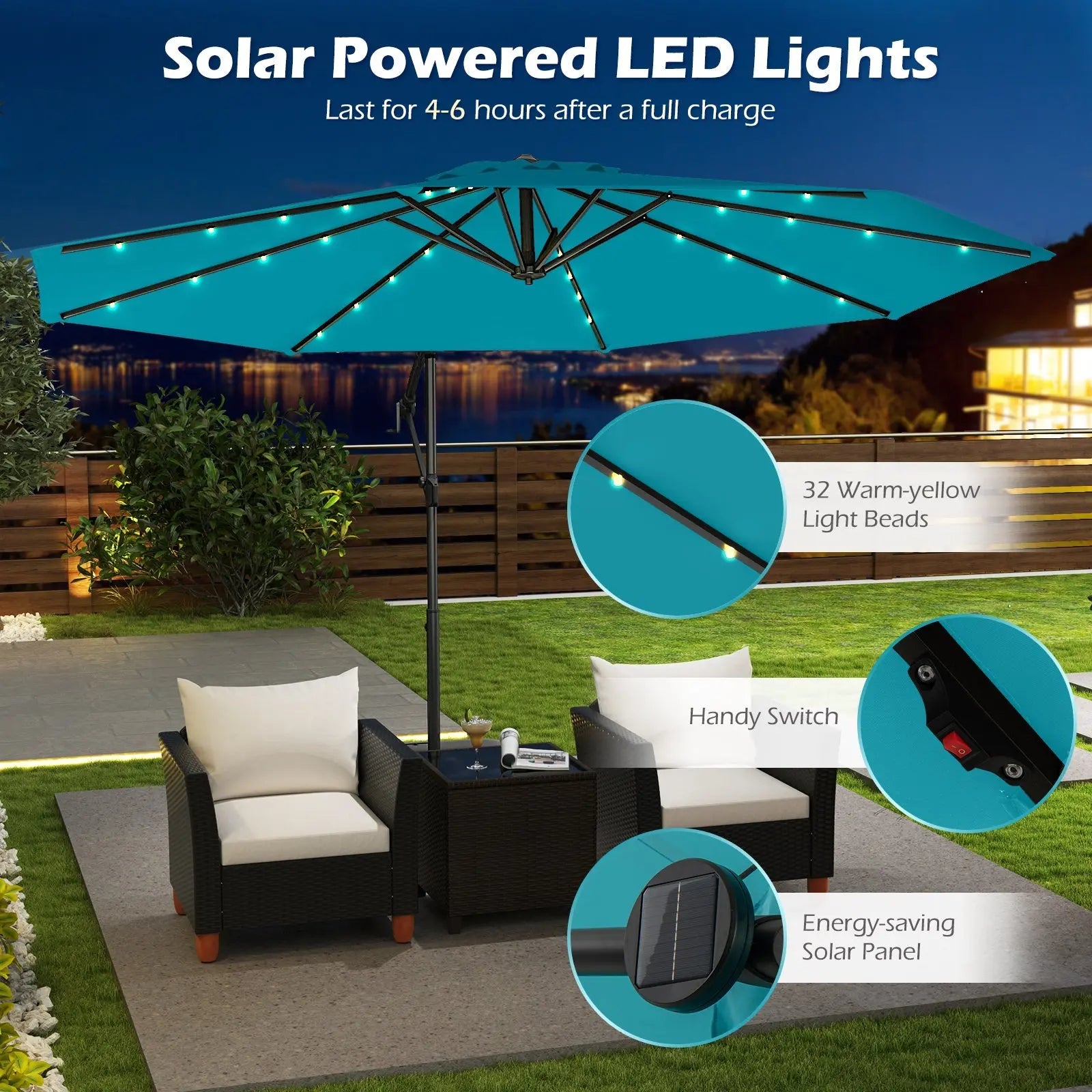 10 Feet Solar Offset Hanging Umbrella with Base and 32 LED Lights-Turquoise DirectDeals