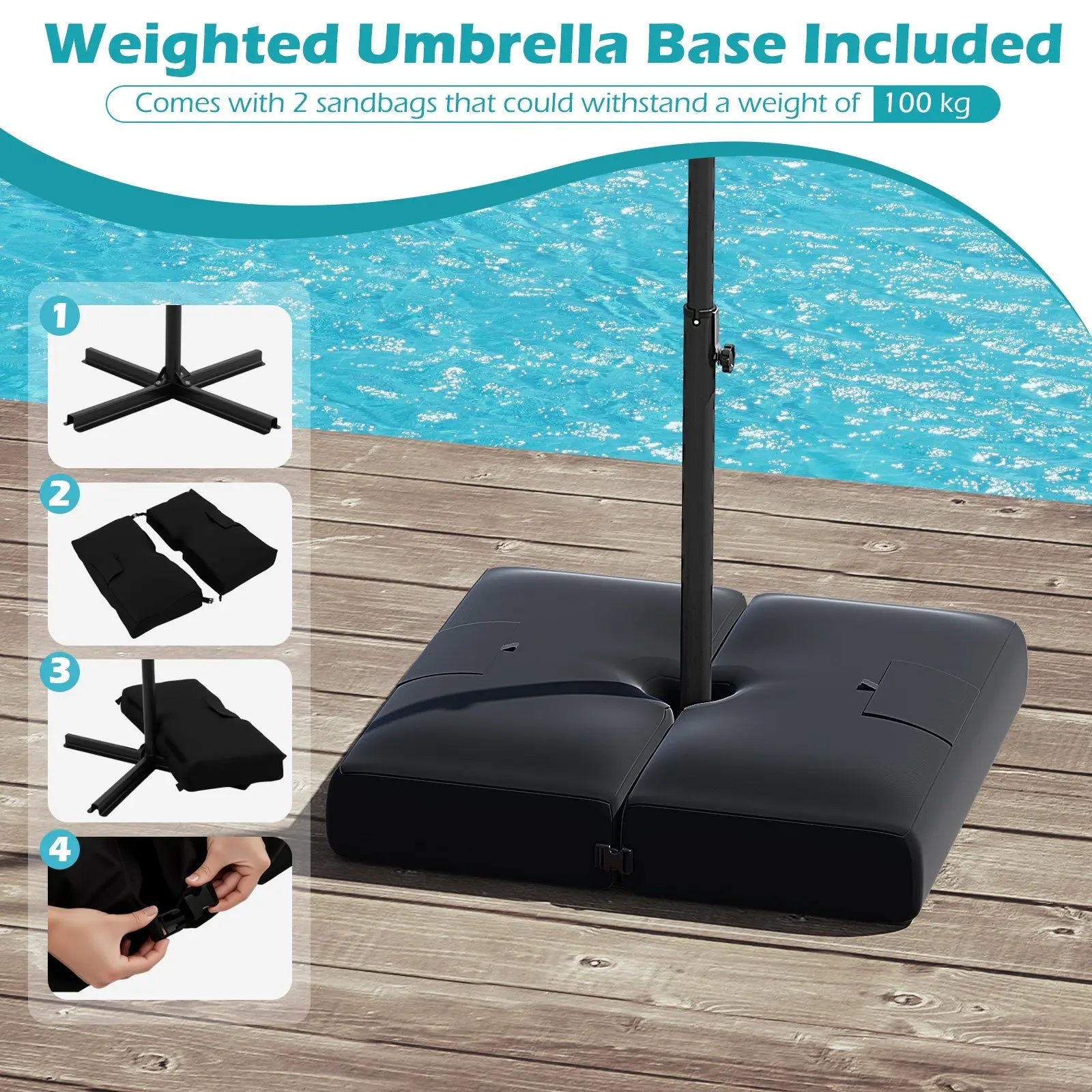 10 Feet Solar Offset Hanging Umbrella with Base and 32 LED Lights-Turquoise DirectDeals