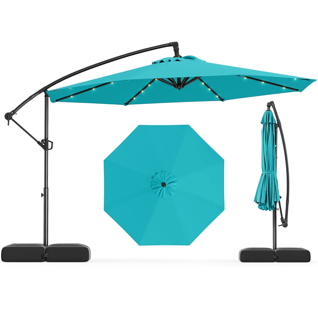 10 Feet Solar Offset Hanging Umbrella with Base and 32 LED Lights-Turquoise DirectDeals