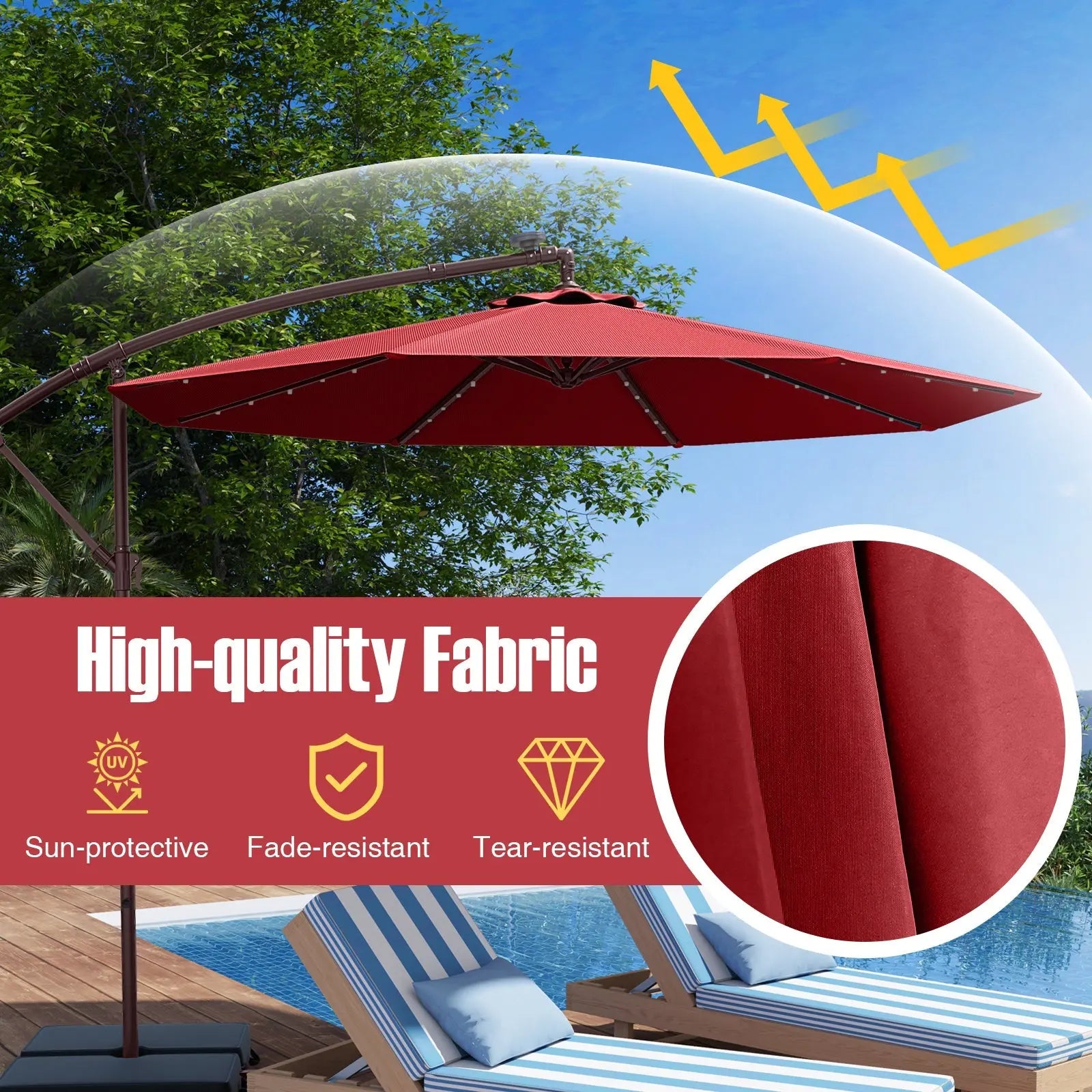 fade resistant red patio umbrella MASTERCANOPY 7.5FT 6Ribs with 32 Solar LED Lights, Outdoor Market Umbrella with Tilt & Crank, UV Protection & Fabric, Easy Set-Up for Garden, Deck, Pool (Red) blocking coating adds an extra layer of protection against the elements At Home Red Outdoor Crank