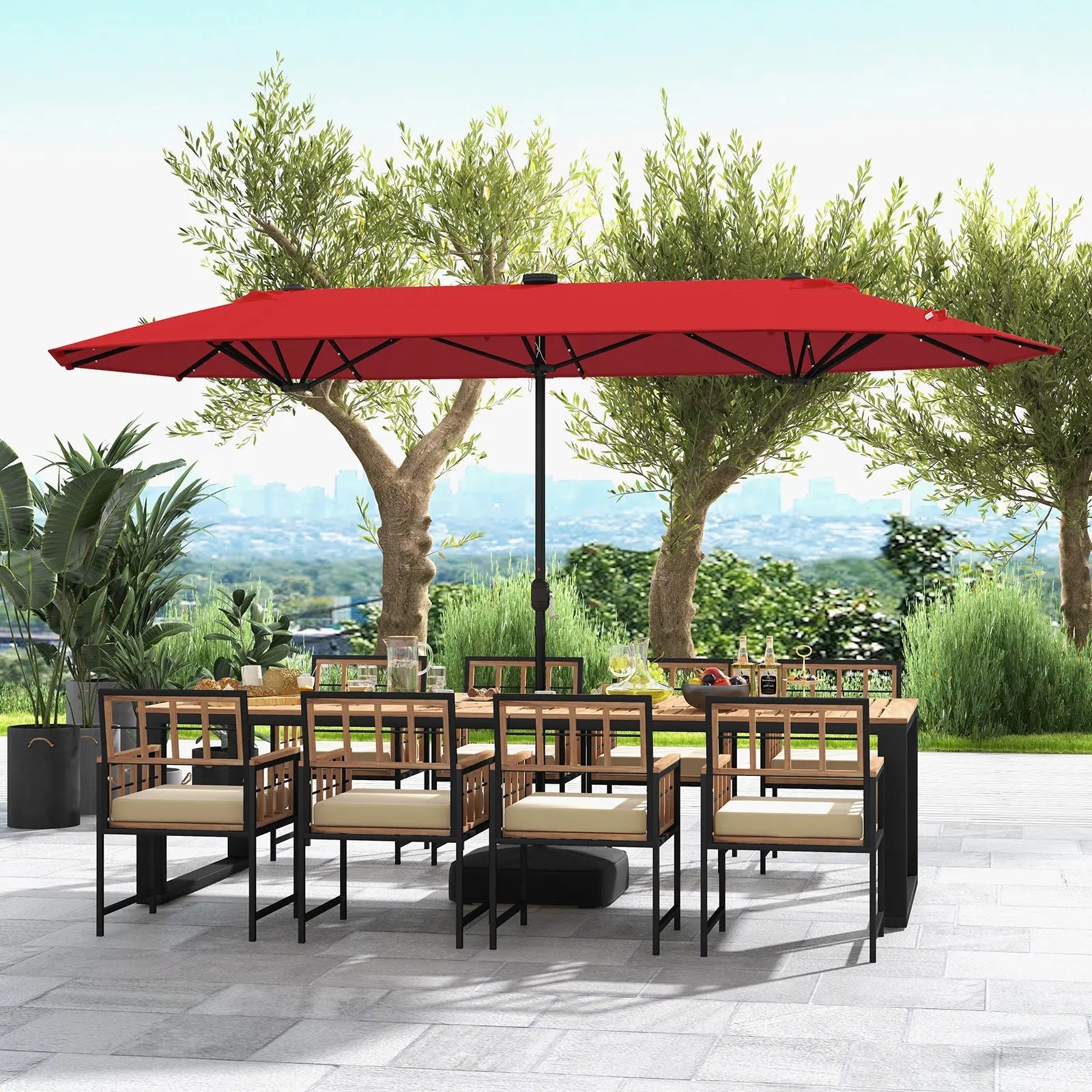 13FT Double-sided Patio Umbrella with Solar Lights for Garden Pool