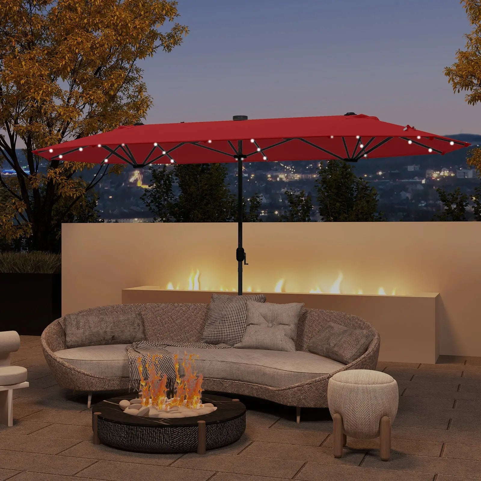 13FT Double-sided Patio Umbrella with Solar Lights for Garden Pool