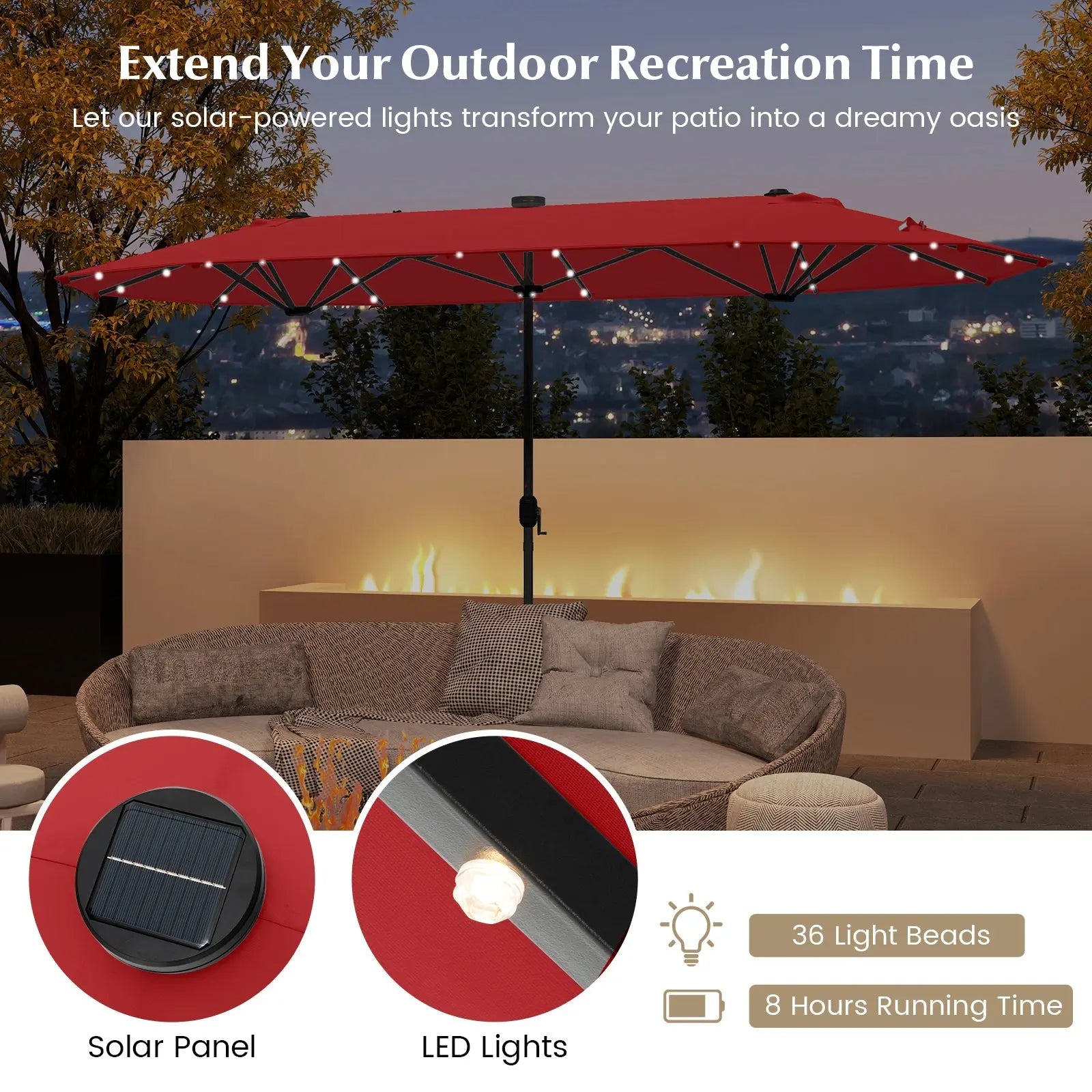 13FT Double-sided Patio Umbrella with Solar Lights for Garden Pool Backyard-Red DirectDeals