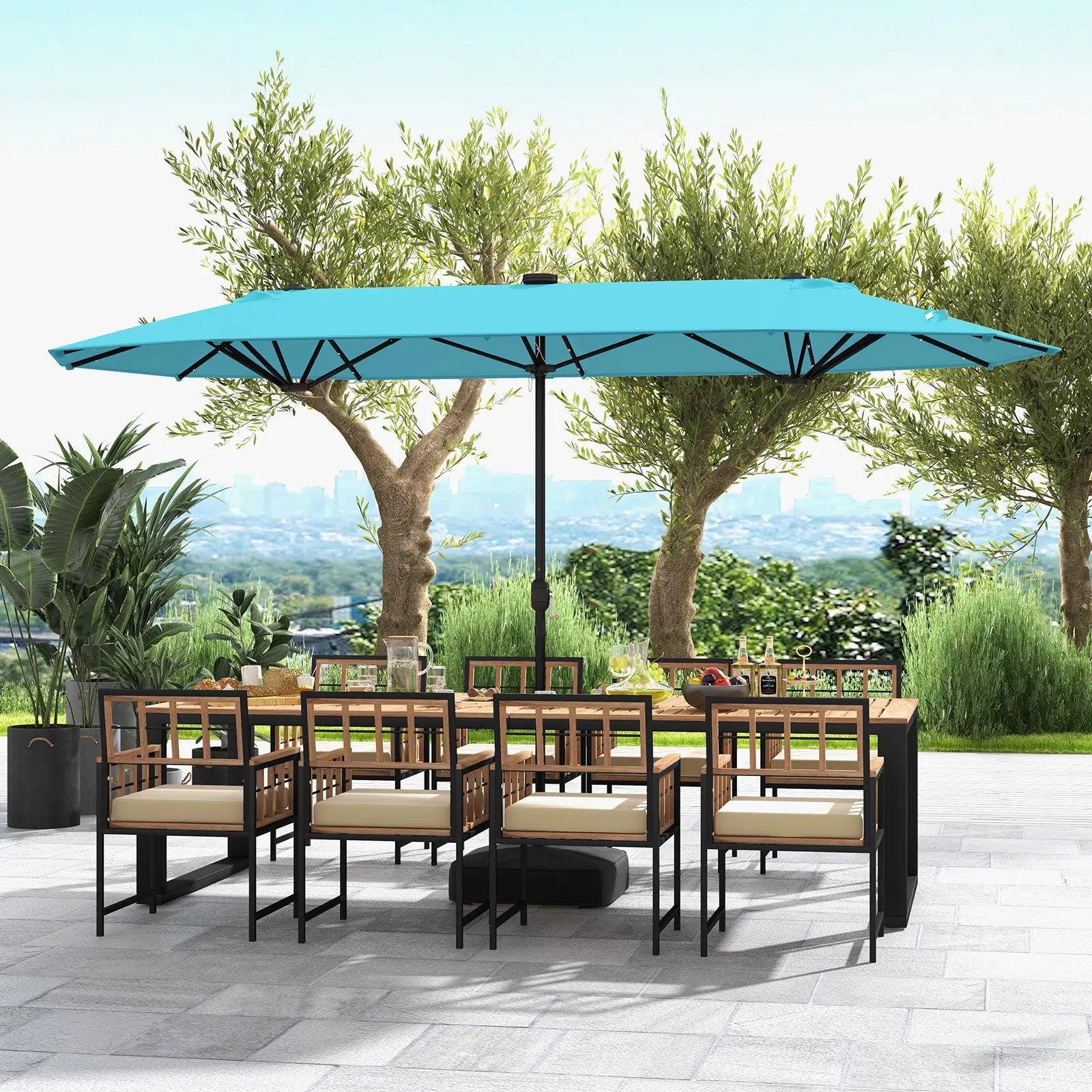 13FT Double-sided Patio Umbrella with Solar Lights for Garden Pool Backyard-Turquoise DirectDeals