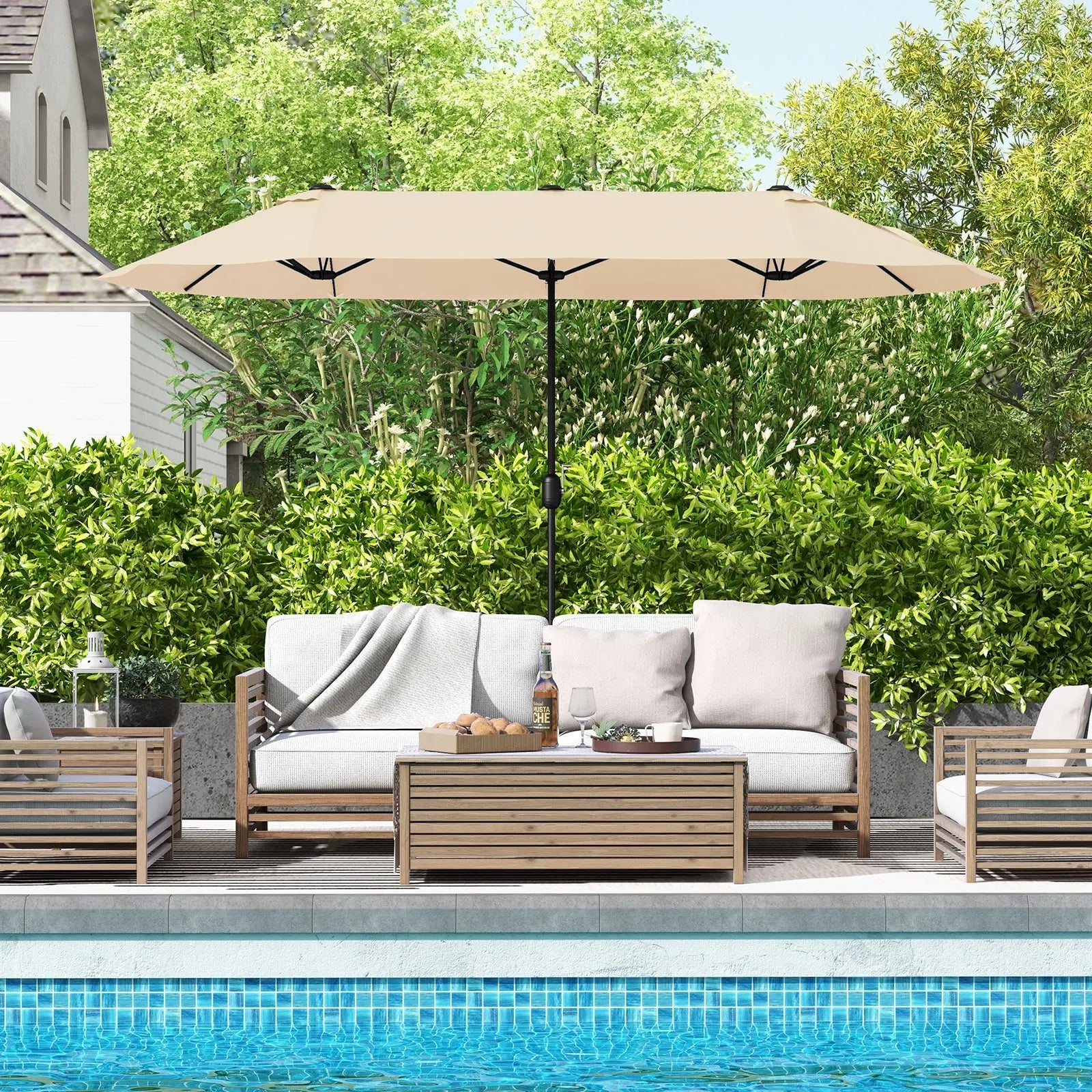 13 Feet DoubleSided Patio Twin Table Umbrella with Crank HandleBeige