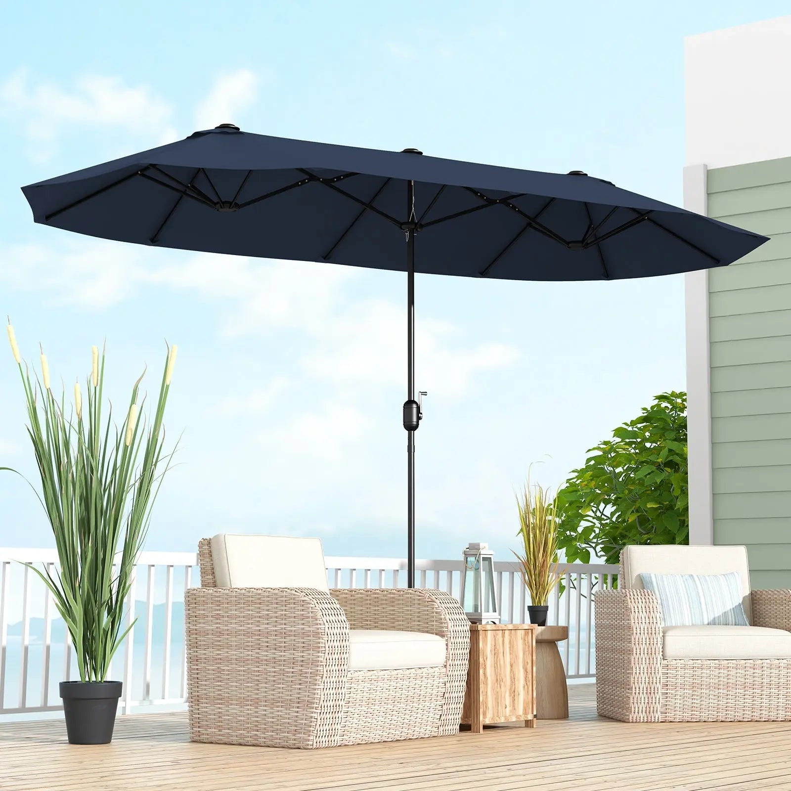 13 Feet Double-Sided Patio Twin Table Umbrella with Crank Handle-Navy DirectDeals