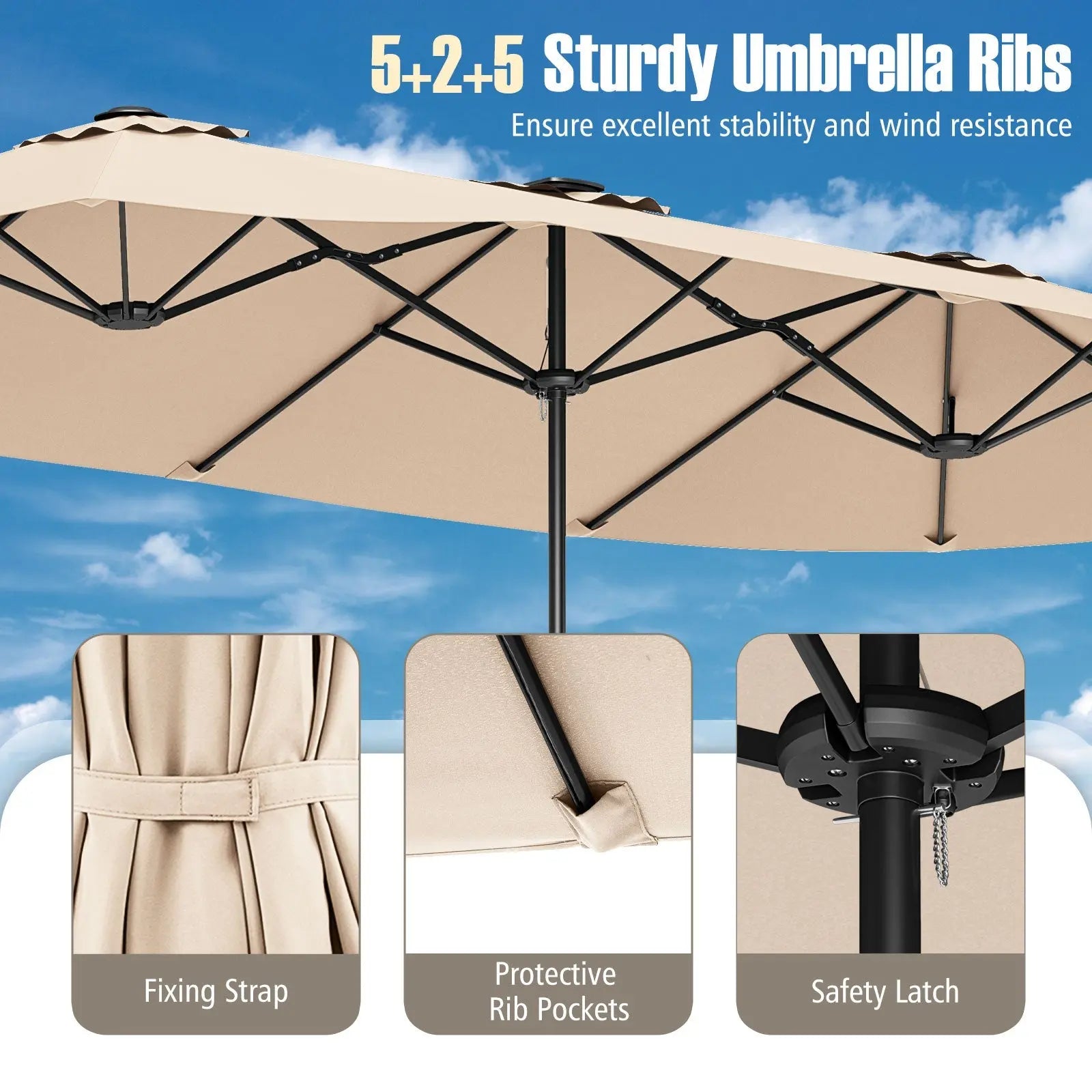 15.5 FT Extra-Large Patio Umbrella with LED Solar Lights and Crank Handle-Beige DirectDeals