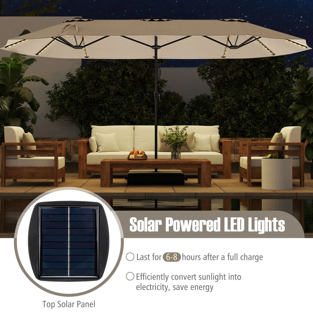 15.5 FT Extra-Large Patio Umbrella with LED Solar Lights and Crank Handle-Beige DirectDeals