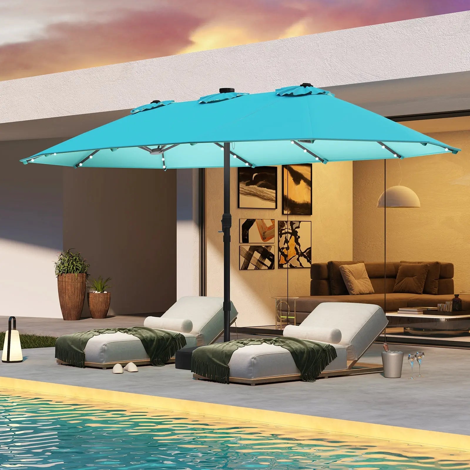 15 Feet Double-Sided Patio Umbrella with 48 LED Lights-Turquoise DirectDeals