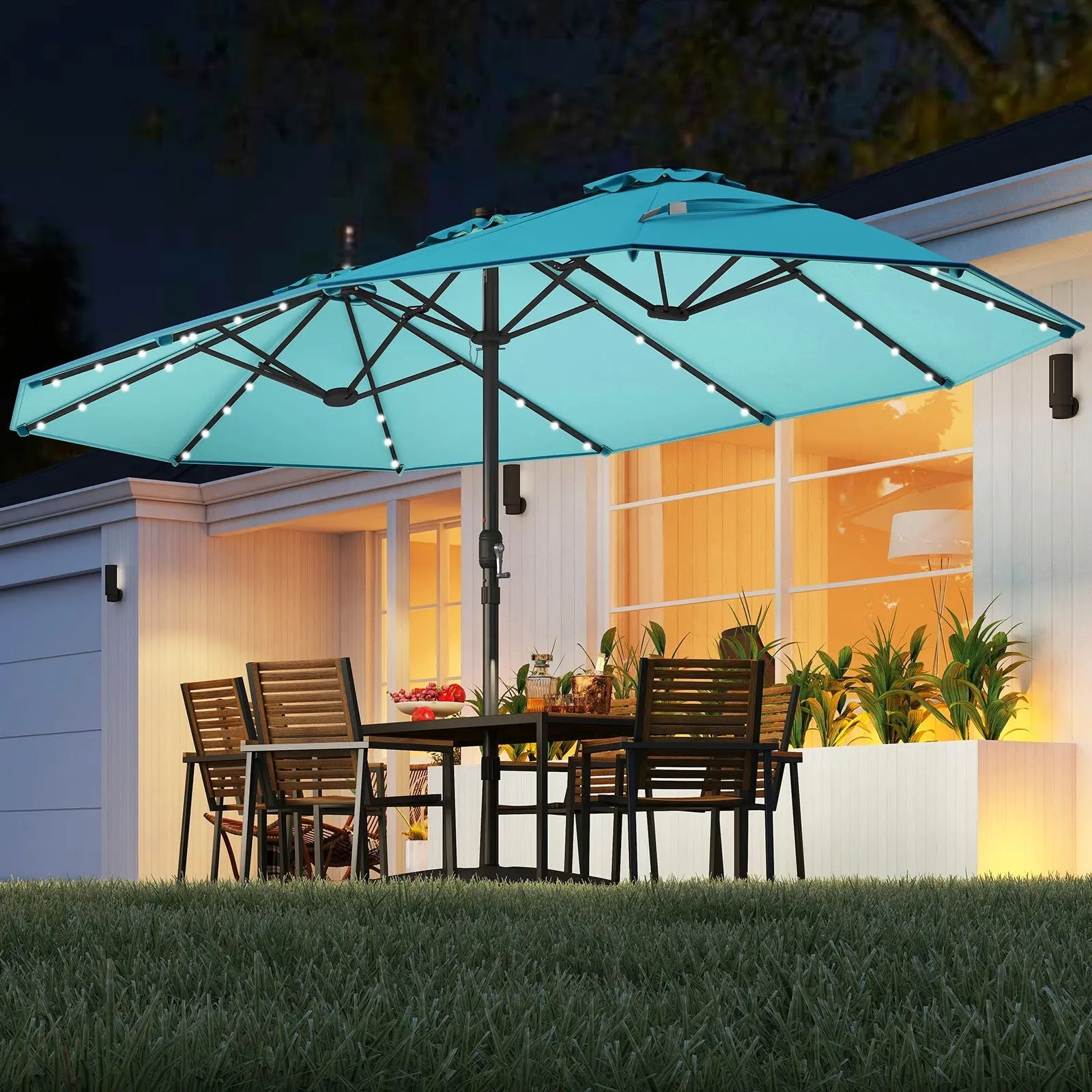 15 Feet Double-Sided Patio Umbrella with 48 LED Lights-Turquoise DirectDeals