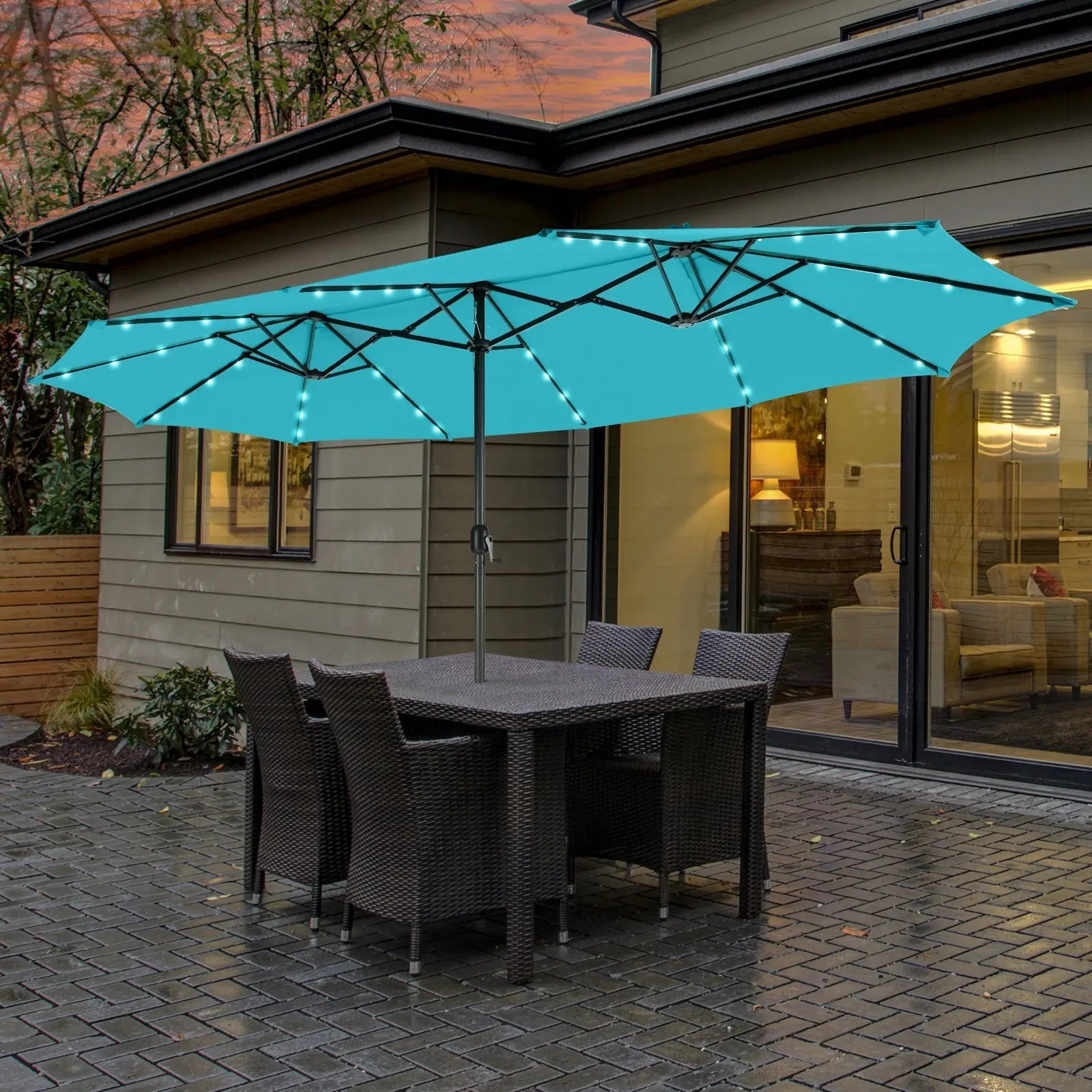 15 Feet Twin Patio Umbrella with 48 Solar LED Lights-Turquoise DirectDeals