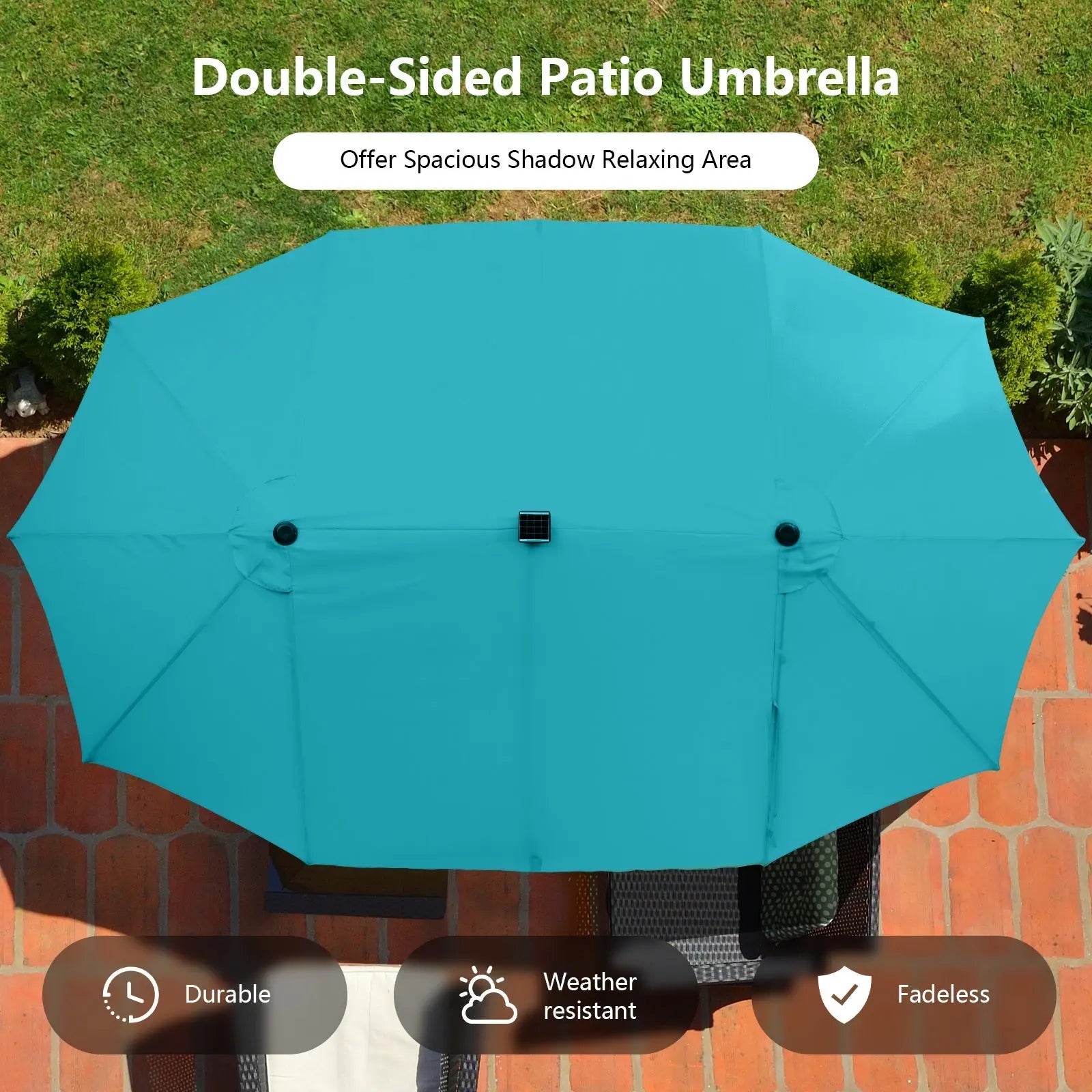 15 Feet Twin Patio Umbrella with 48 Solar LED Lights-Turquoise DirectDeals