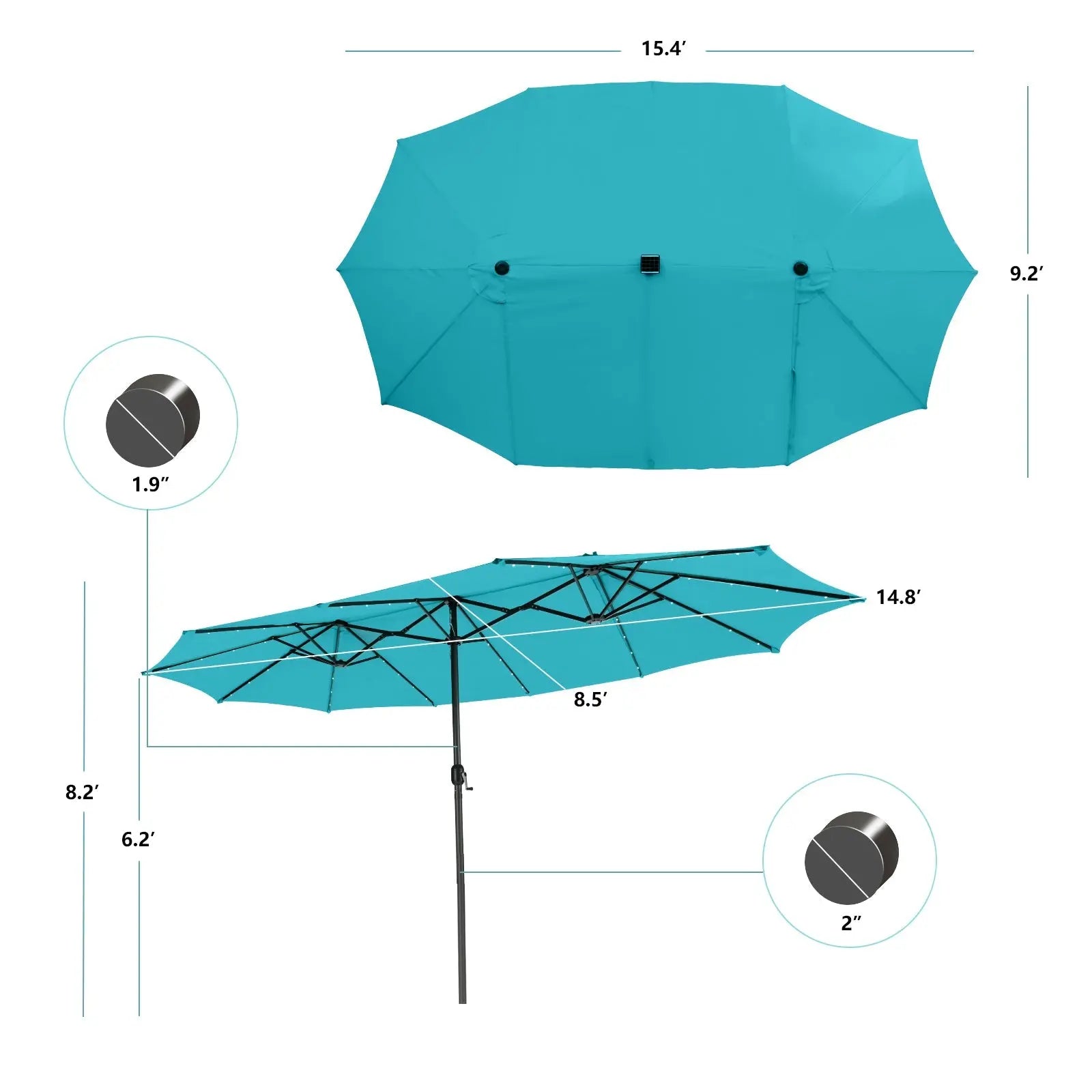 15 Feet Twin Patio Umbrella with 48 Solar LED Lights-Turquoise DirectDeals