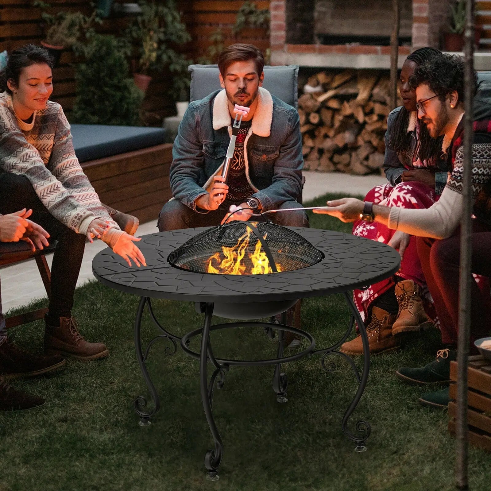 35.5 Feet Patio Fire Pit Dining Table With Cooking BBQ Grate DirectDeals