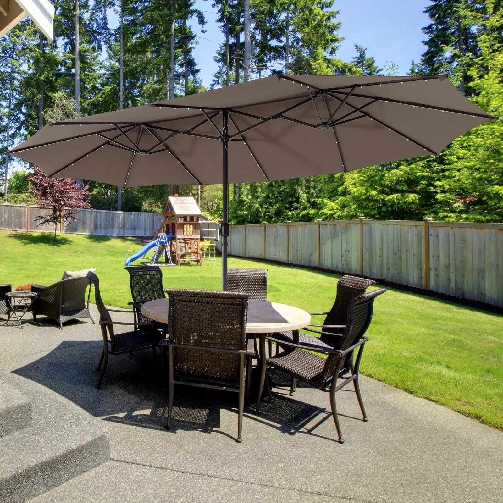 15 Feet Twin Patio Umbrella with 48 Solar LED Lights-Light Brown DirectDeals